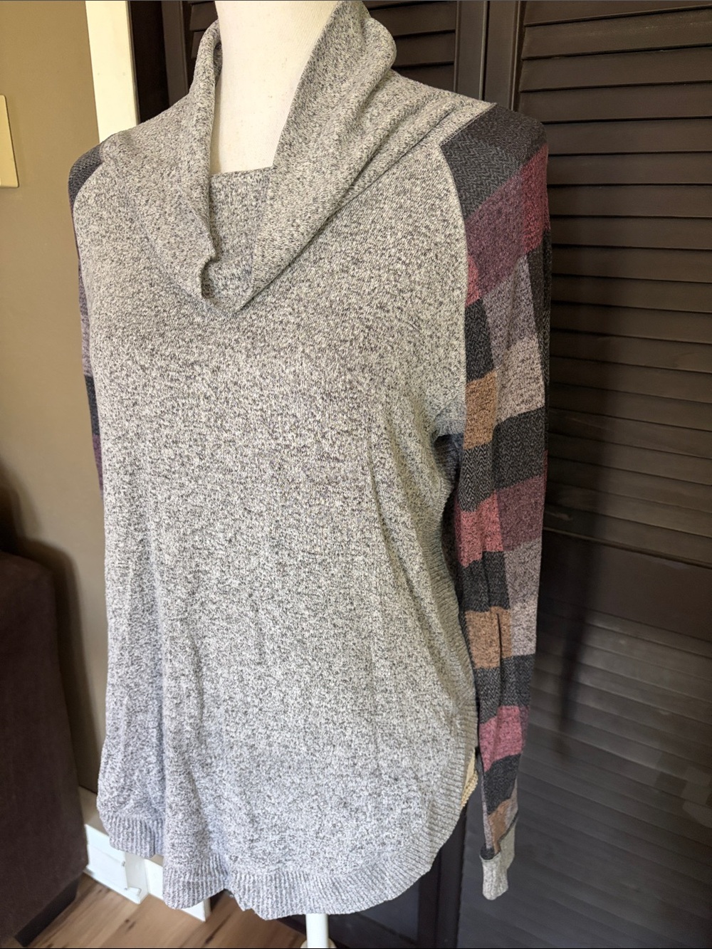 Maurices Gray Cowl Neck Sweater with Plaid Accent Sleeves
